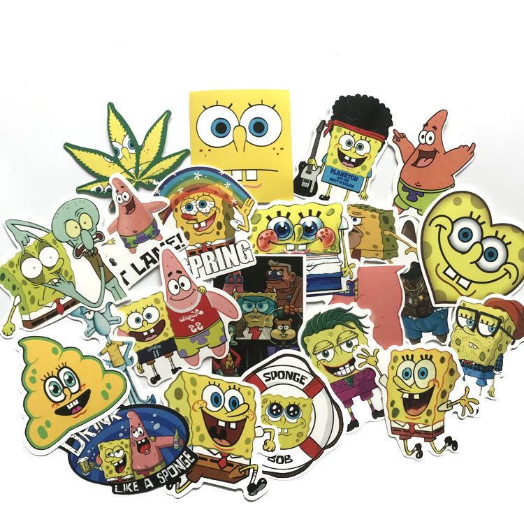 22张可爱黄色海绵宝宝贴纸旅行箱计算机笔记本行李箱滑板涂鸦贴