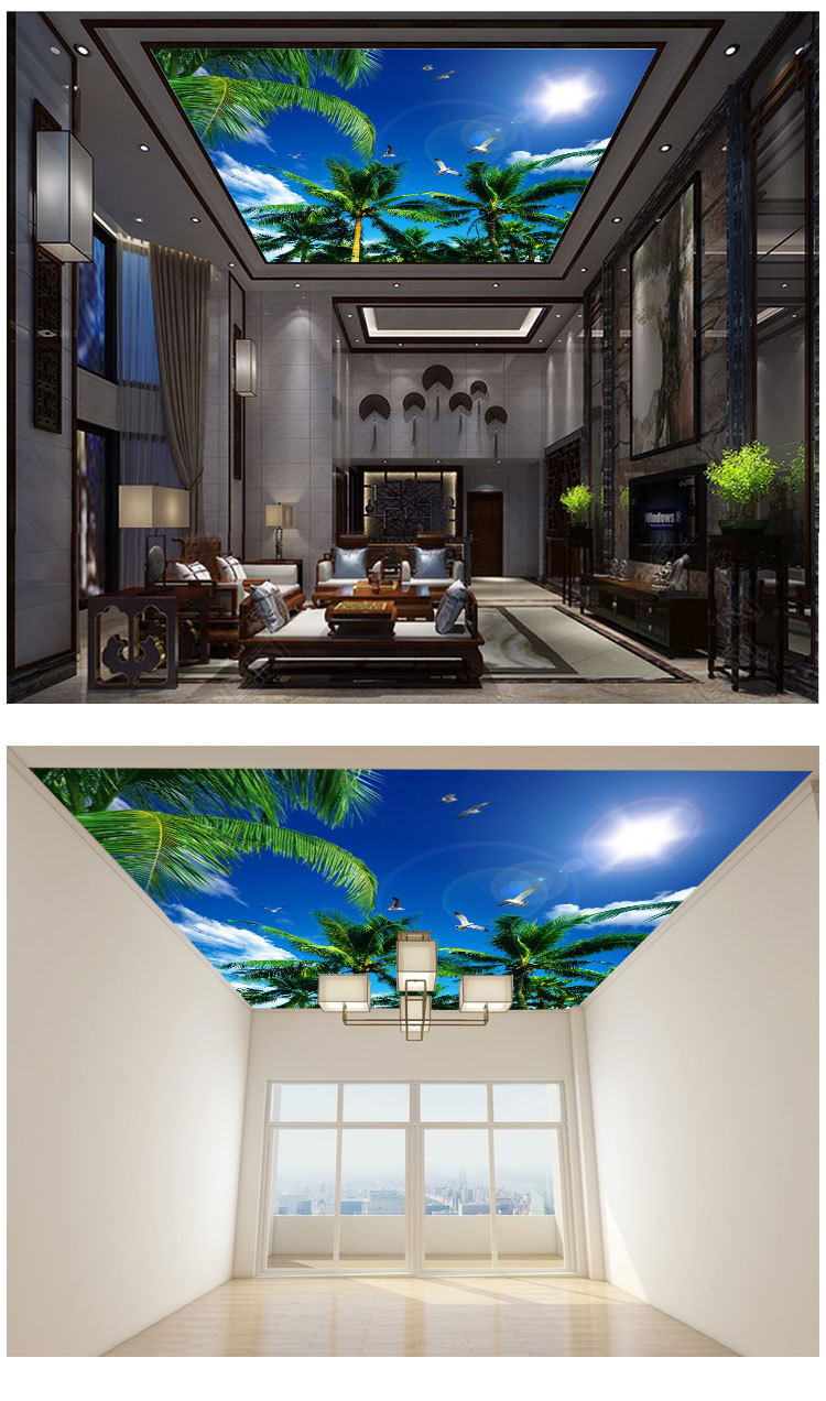 蓝天白云椰子树3d天花板吊顶天顶壁纸屋顶天棚装饰壁画卧室墙布纸