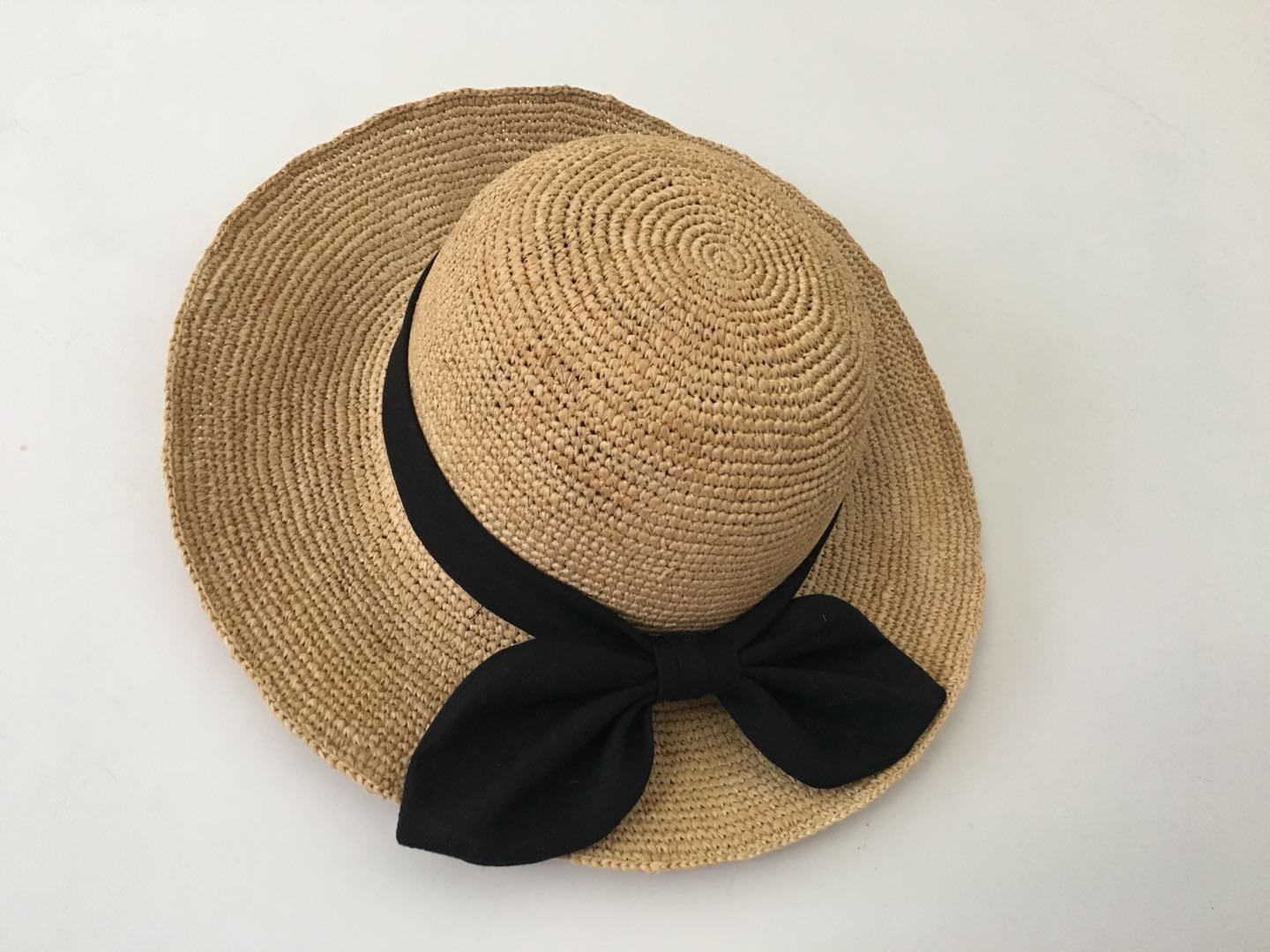 纯手工编织蝴蝶结皮绳草帽新款夏日遮阳防晒帽