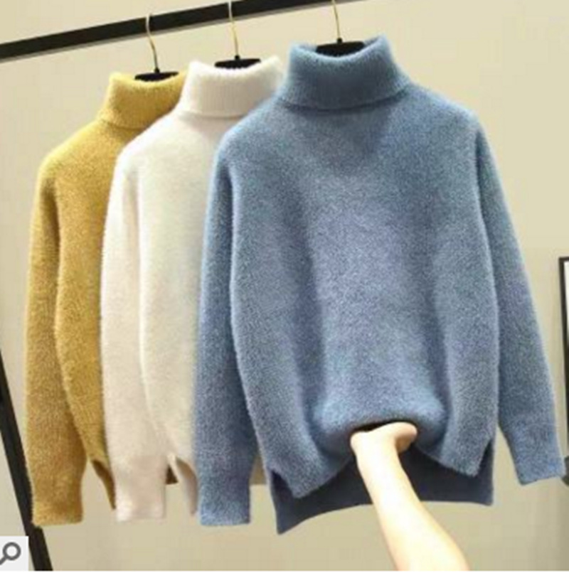 秋冬季宽松2019新款高领仿貂绒白色加厚雪尼尔打底毛衣女士套头