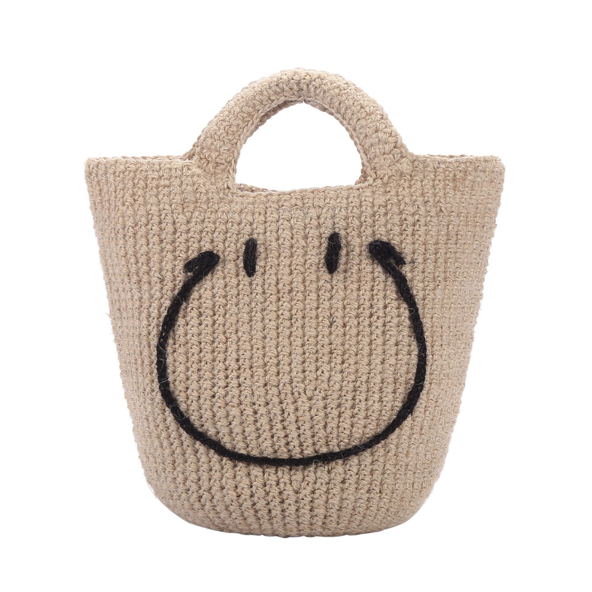 厂家直销ins杂志款日系smile笑脸包棉麻绳制定可爱手工编织手提包