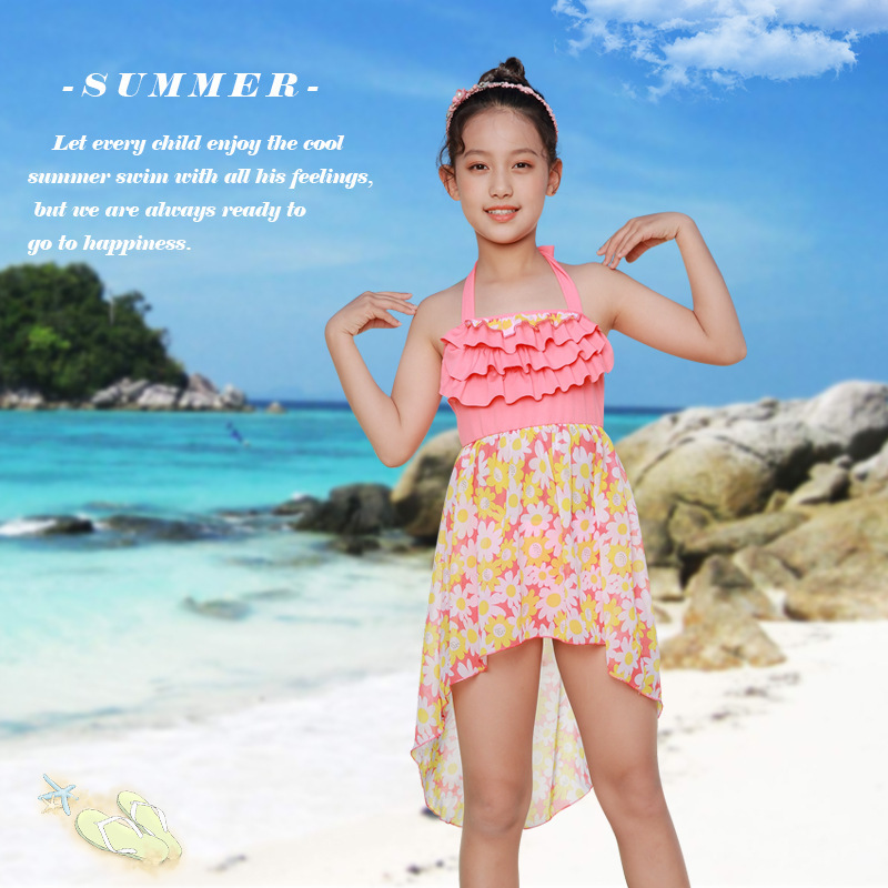 儿童泳衣女孩女童游泳衣连体泳装套装蕾丝碎花纱裙分体女童泳衣