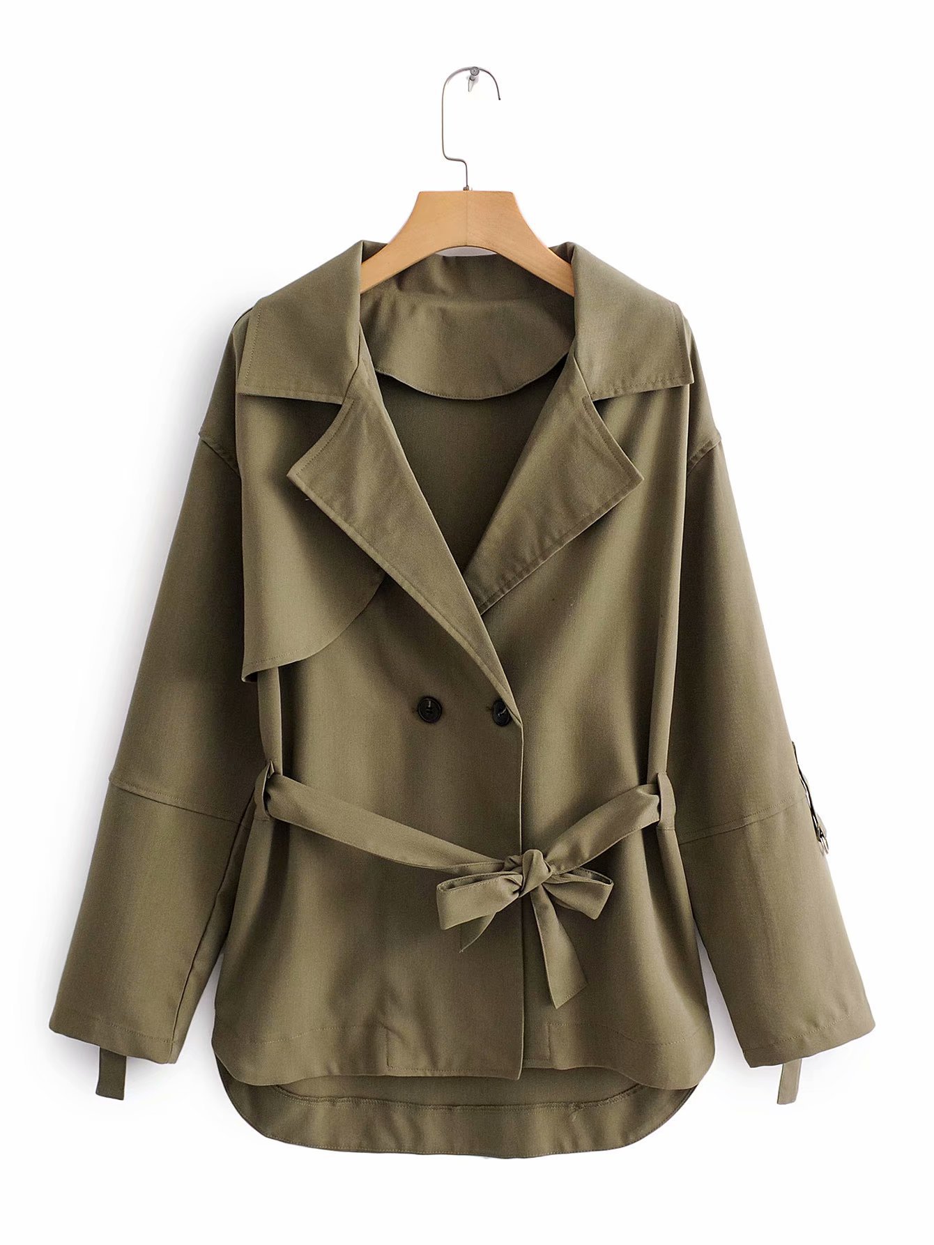 批发2019秋冬新品欧美风女装修身系腰带风衣外套