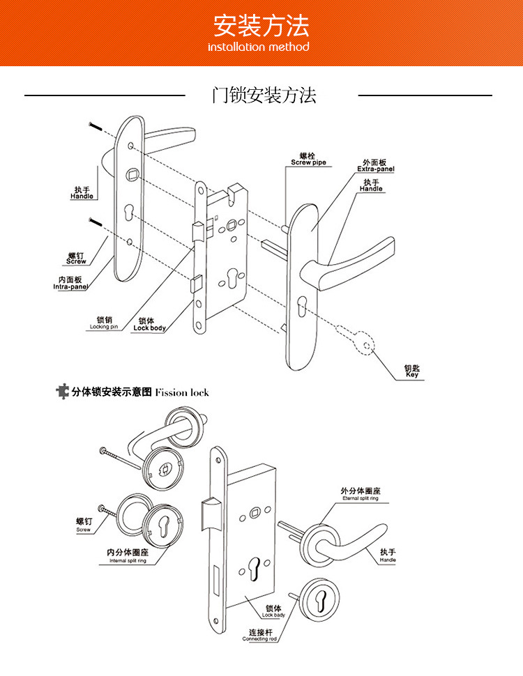 【弗尔尼】纯铜新中式分体静音房门锁 高质量机械锁 实木门执手锁