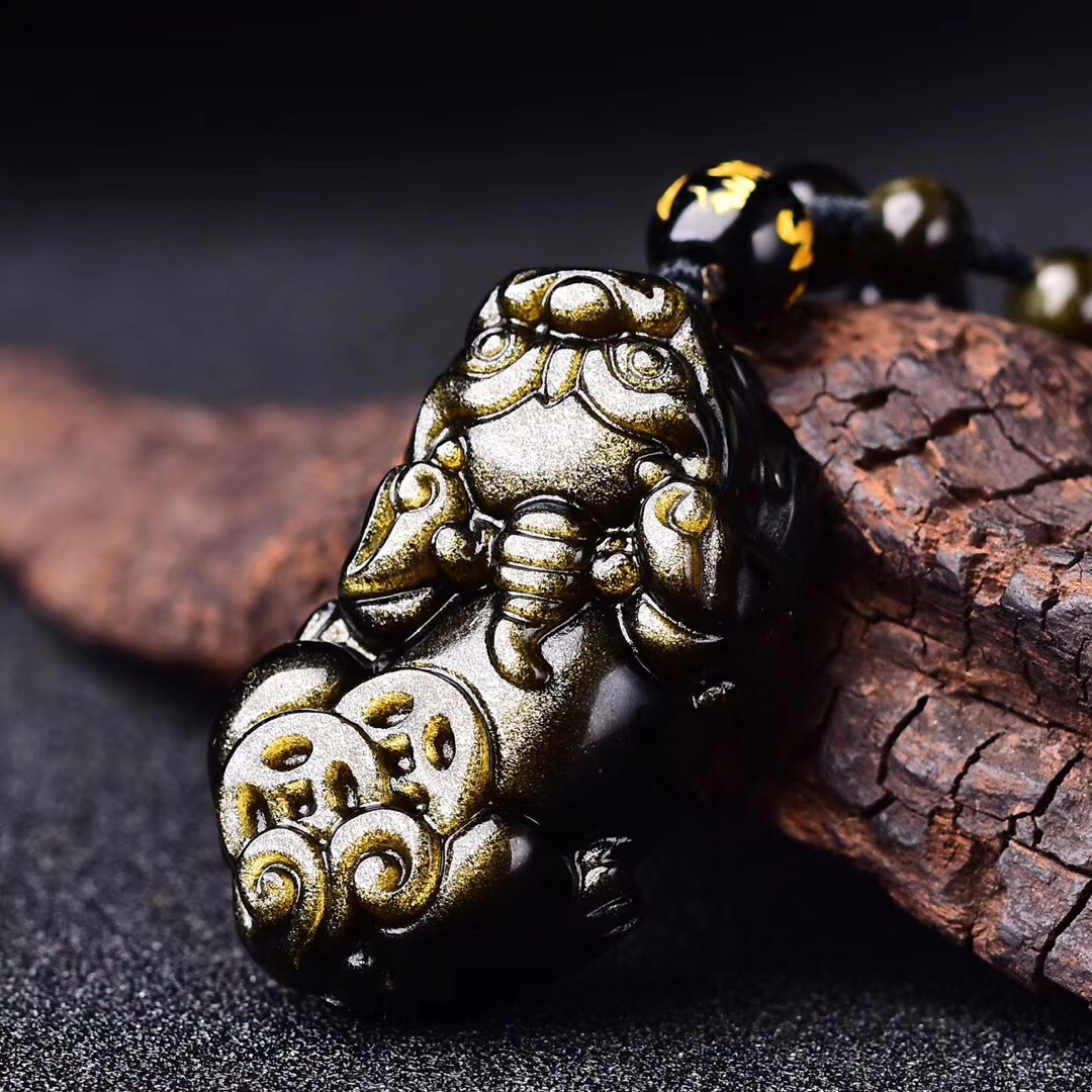 厂家直销 天然水晶 金曜石两钱貔貅吊坠 乌金背两钱貔貅 双孔