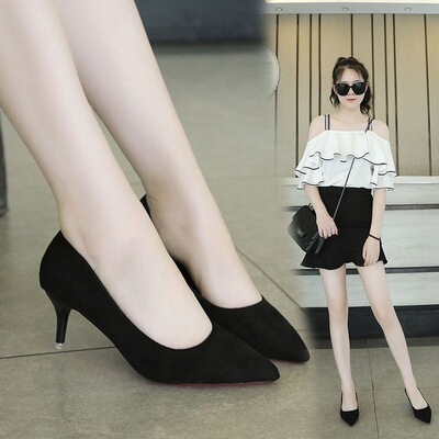 跨境女士高跟鞋中跟黑色职业工作鞋细跟性感绒面3-5-7-10cm学生礼
