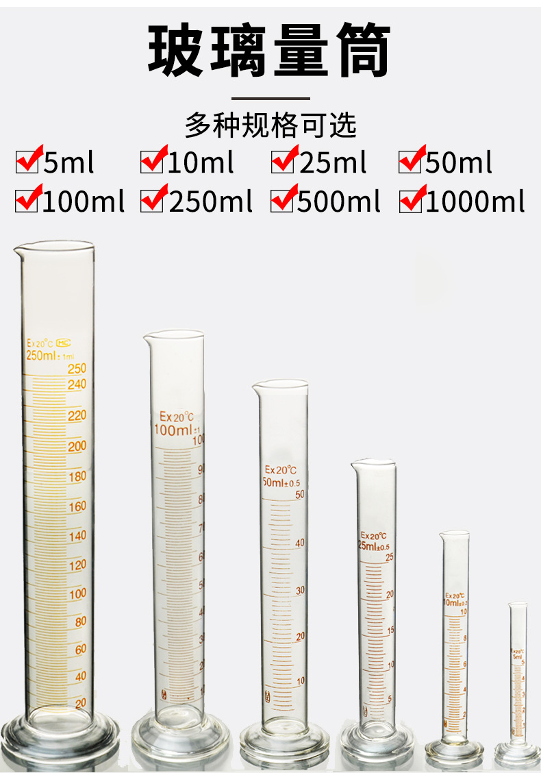 玻璃量筒 5ml 10ml 25ml 50ml 100ml 500ml 优质刻度量筒实验室仪