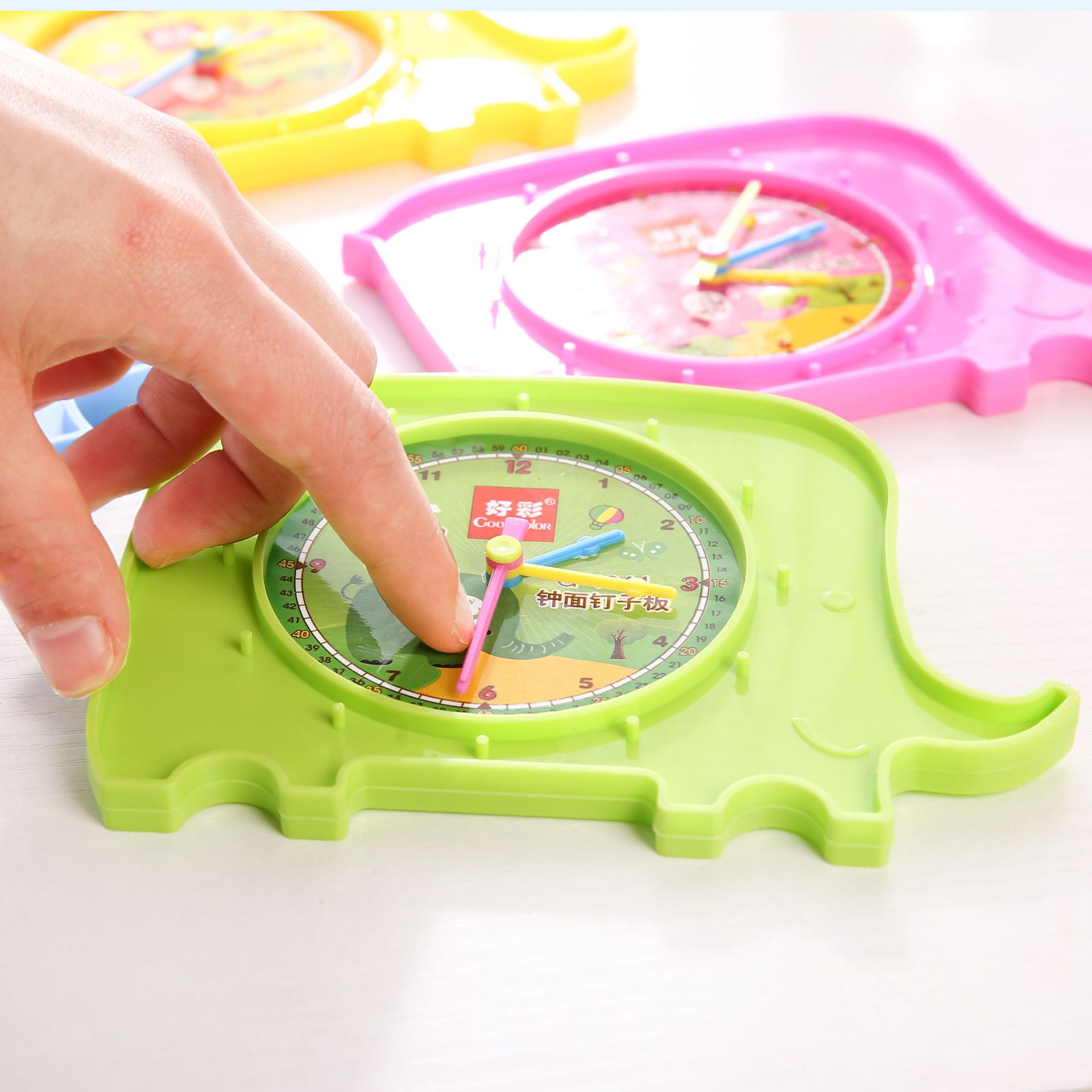 好彩厂家批发大象钟面钉子板钟表学习器二合一三年级认识时间学具