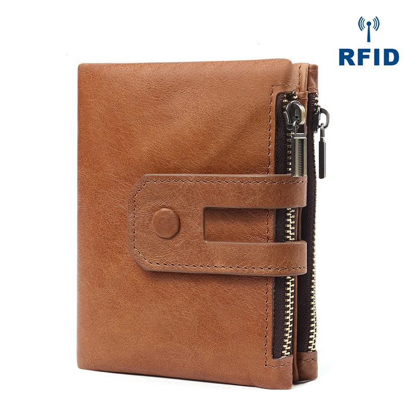 Men's Wallet RFID Genuine Leather Wallet Casual Fashion Double Zipper Multiple Card Slots Vintage Clutch Coin Purse Men