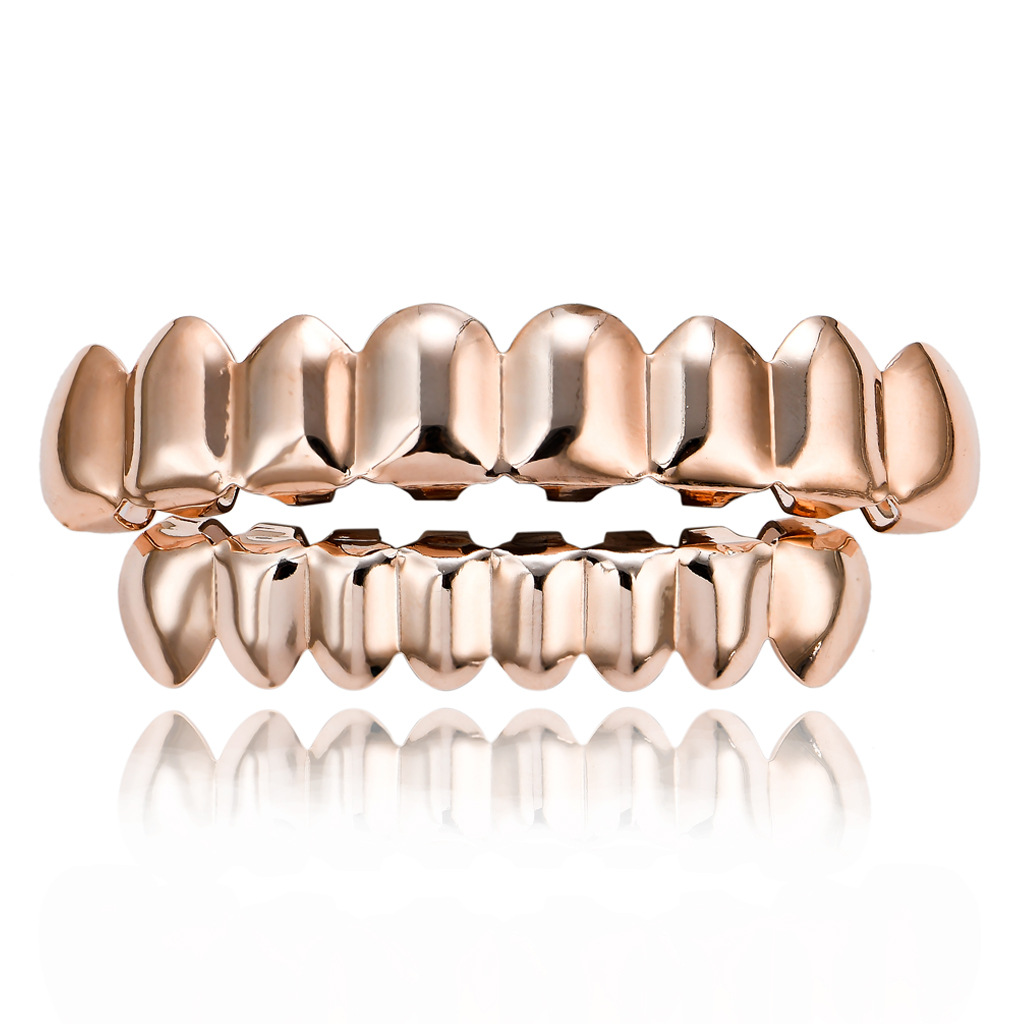 欧美hiphop嘻哈金牙套上牙8颗下牙8颗 真金电镀18k金嘻哈牙套批发