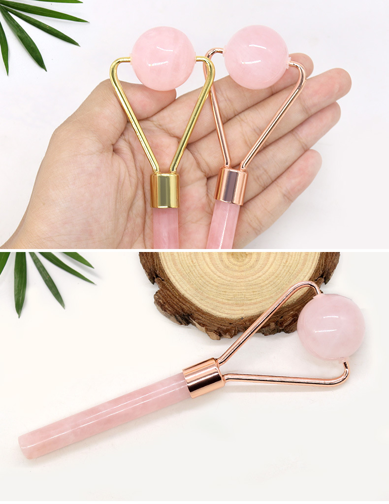 批发天然水晶按摩棒脸部面部按摩滚珠 玉推玉石按摩滚轮 粉晶滚轮
