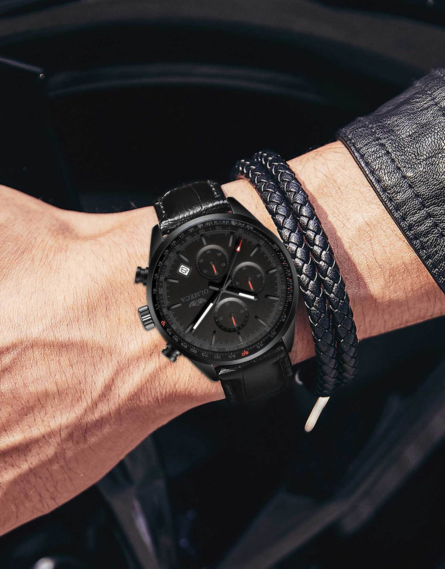 olmeca锗石保健磁疗能量手表多功能运动不锈钢蓝宝石男士手表