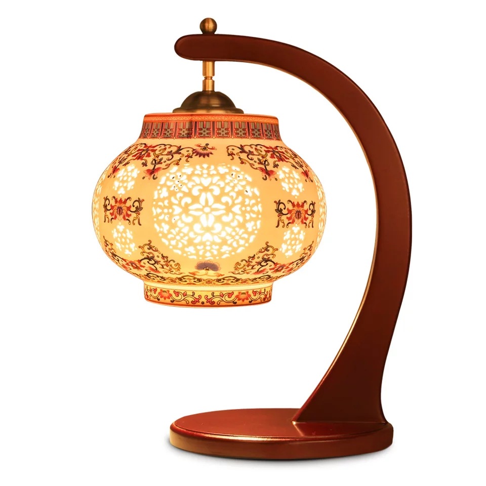 景德镇陶瓷灯具贴花粉彩镂空玉兰台灯卧室床头现代中式仿古典台灯