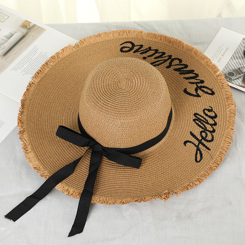 Straw Hat Ladies Bow Broad-Brimmed Hat Dome Sun Protection Beach Letter Big Brim Seaside Sunhat Tide