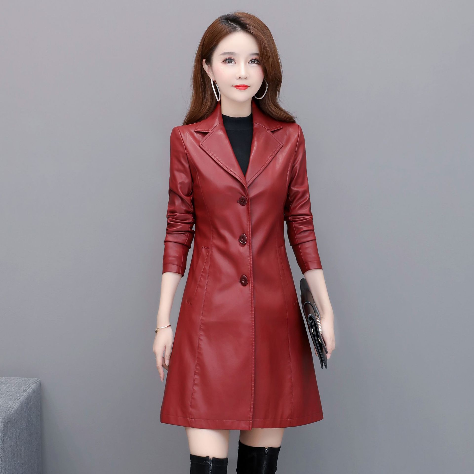 2019秋冬新款大码皮衣女韩版翻领中长款皮夹克女修身皮外套潮6675