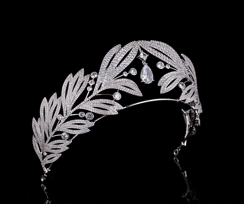 欧美新款皇室复古月桂叶大王冠新娘结婚锆石皇冠婚礼头饰婚纱配饰