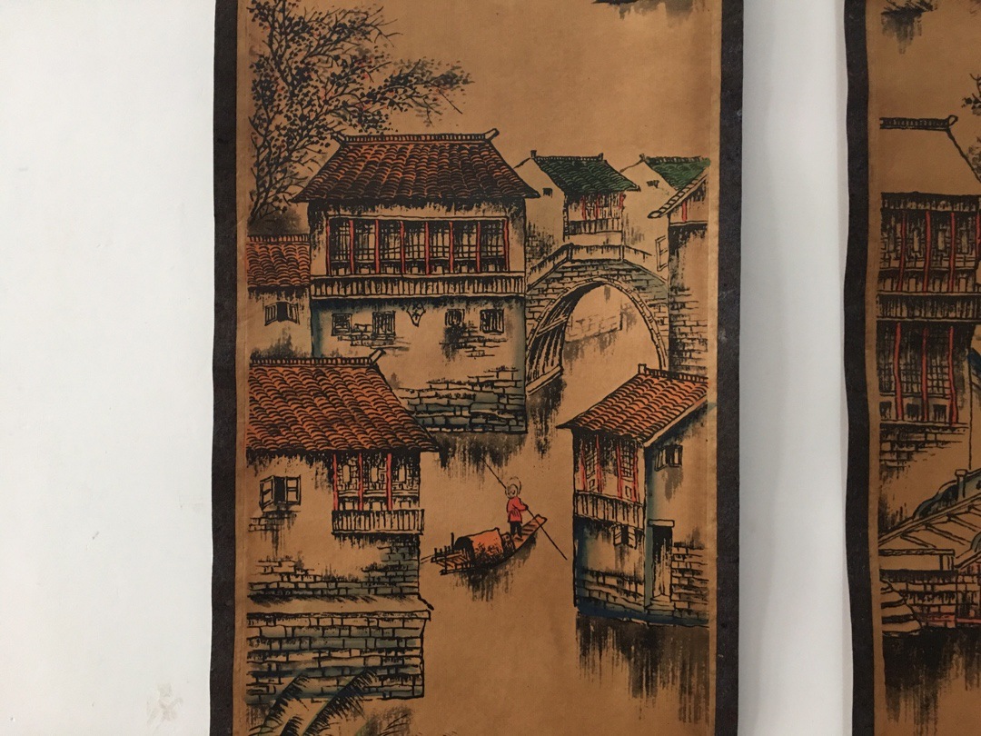 古玩批发高仿名人仿古字画四连壁画山水人物四条屏挂画地摊货源