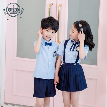 幼儿园园服夏季新款英伦风浅蓝衬衣套装小学生校服短袖衬衣两件套