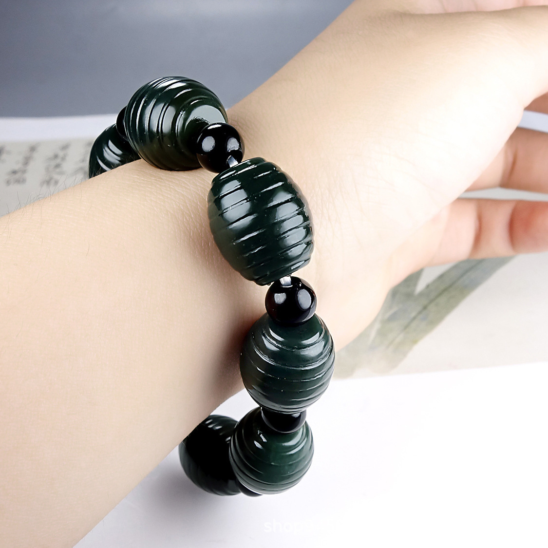 天然和田玉路路通佛珠手链 男女款和田青玉路路圆珠随形珠玉手串