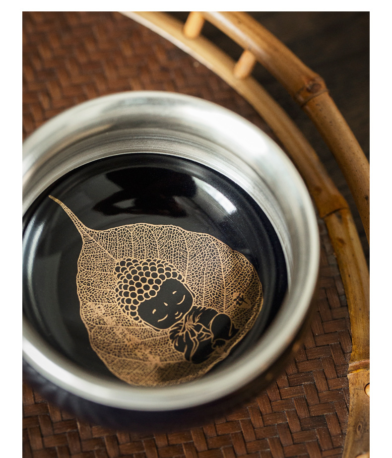 999纯银鎏银盏 木叶烤花建盏天目盏 菩提叶小佛主人杯单杯品茗杯