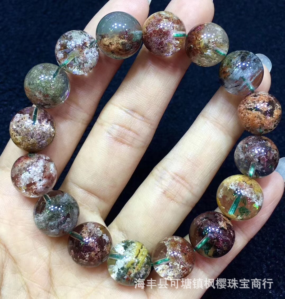 天然四季彩幽灵聚宝盆手链颜色漂亮晶体干净绿幽灵手串13mm