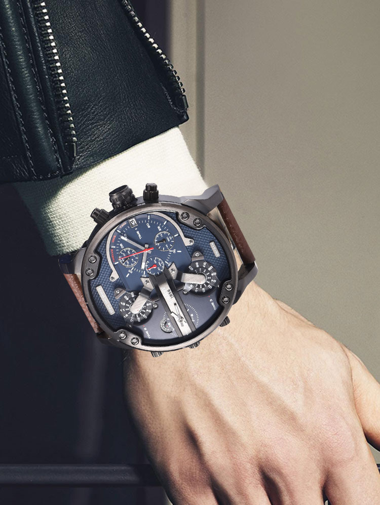 酷尔时顿手表男士石英表真皮带大表盘精钢带男款迪赛手表国产腕表