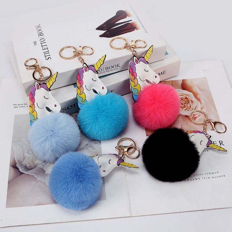 Fashion Cartoon Imitation Rex Rabbit Hairy Ball Pendant Unicorn Keychain Exquisite Lady Bag Bag Charm in Stock Wholesale