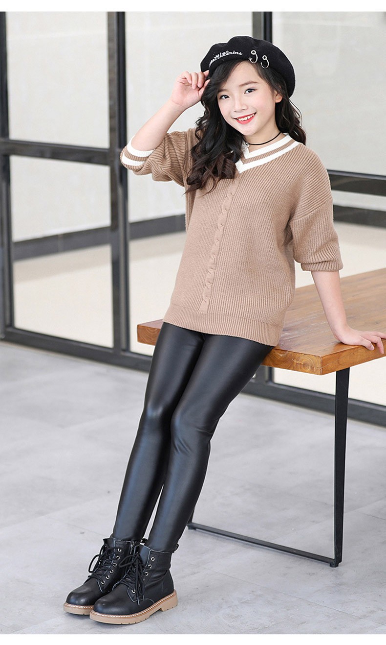 女童仿皮裤加绒加厚羊羔绒打底裤冬季新款修身外穿百搭裤一件代发