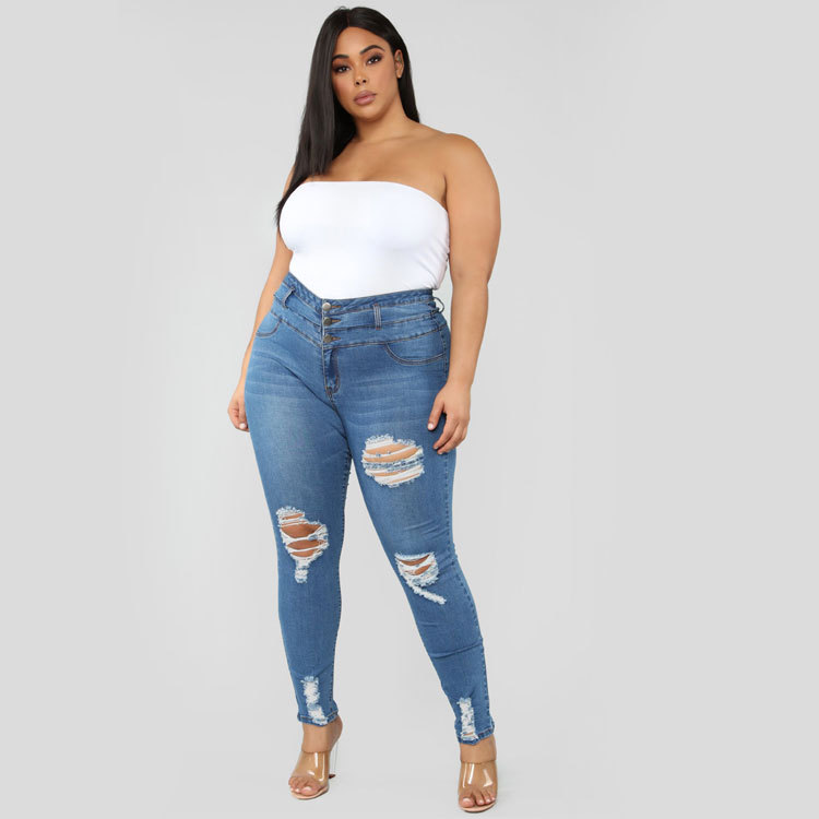 Foreign Trade European and American Wish Cross-Border EBay High Waist Ripped plus Size Fat Jeans Women's Skinny Jeans Women's Wholesale