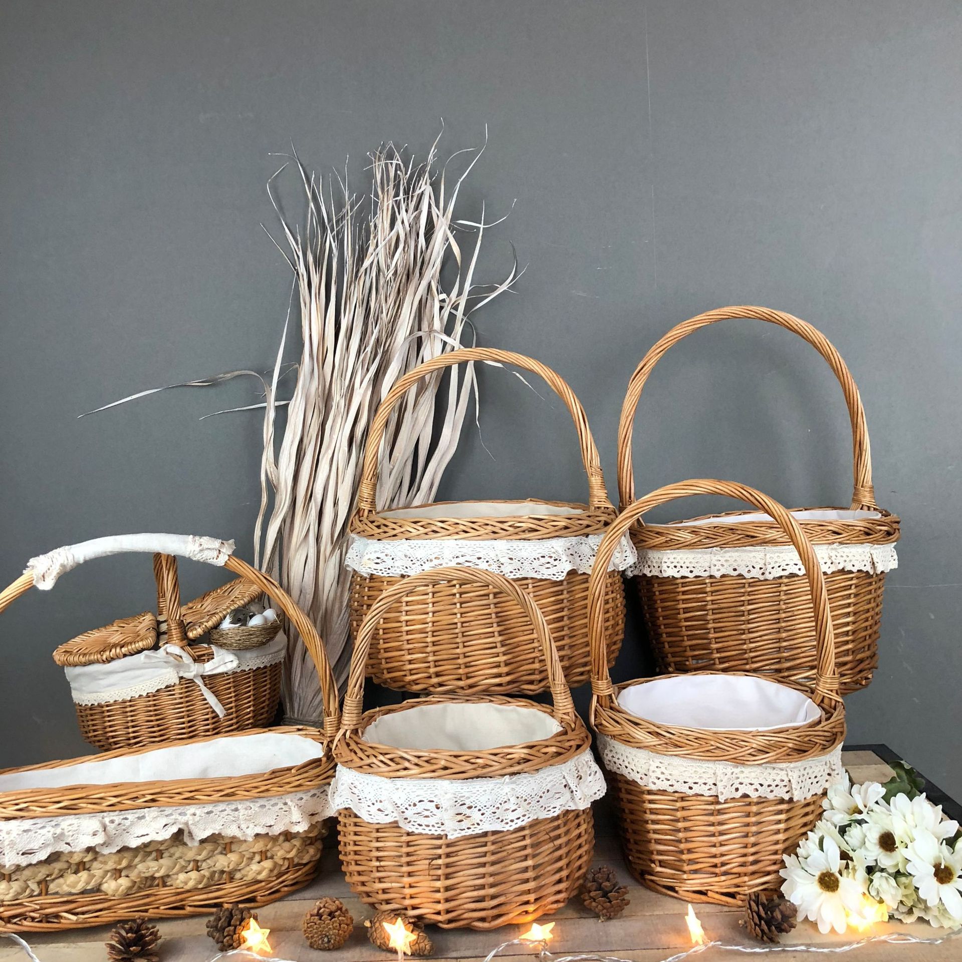 白色蕾丝柳条编织小提篮花艺民宿伴手礼服装店礼盒