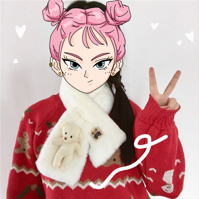 韩版冬季新款可爱卡通小熊毛绒围巾米白保暖加厚少女百搭交叉围脖