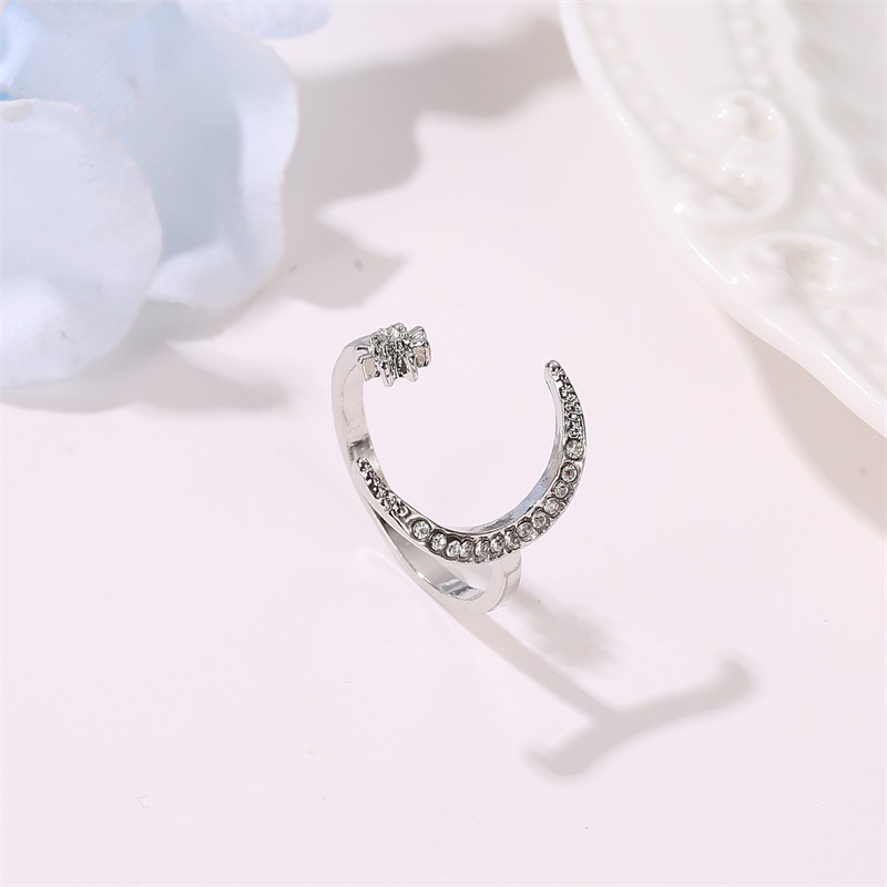 Cross-Border Hot Sale Crescent Ring European and American Fashion Star Moon Ring Ethnic Style Star Moon Index Finger Open Ring