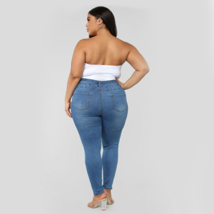 Foreign Trade European and American Wish Cross-Border EBay High Waist Ripped plus Size Fat Jeans Women's Skinny Jeans Women's Wholesale