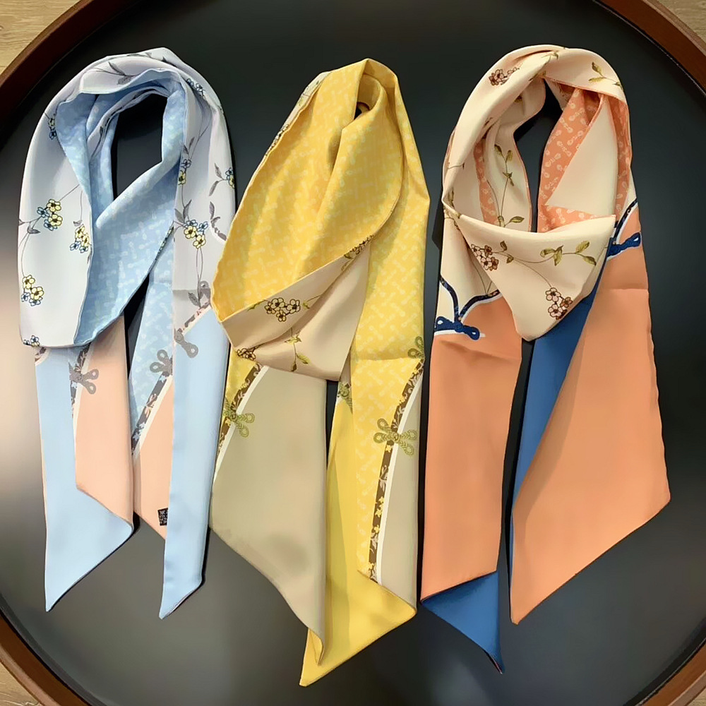 春季新款 小花 树枝花卉双层印花斜纹绸缎女士长条丝巾领巾围巾