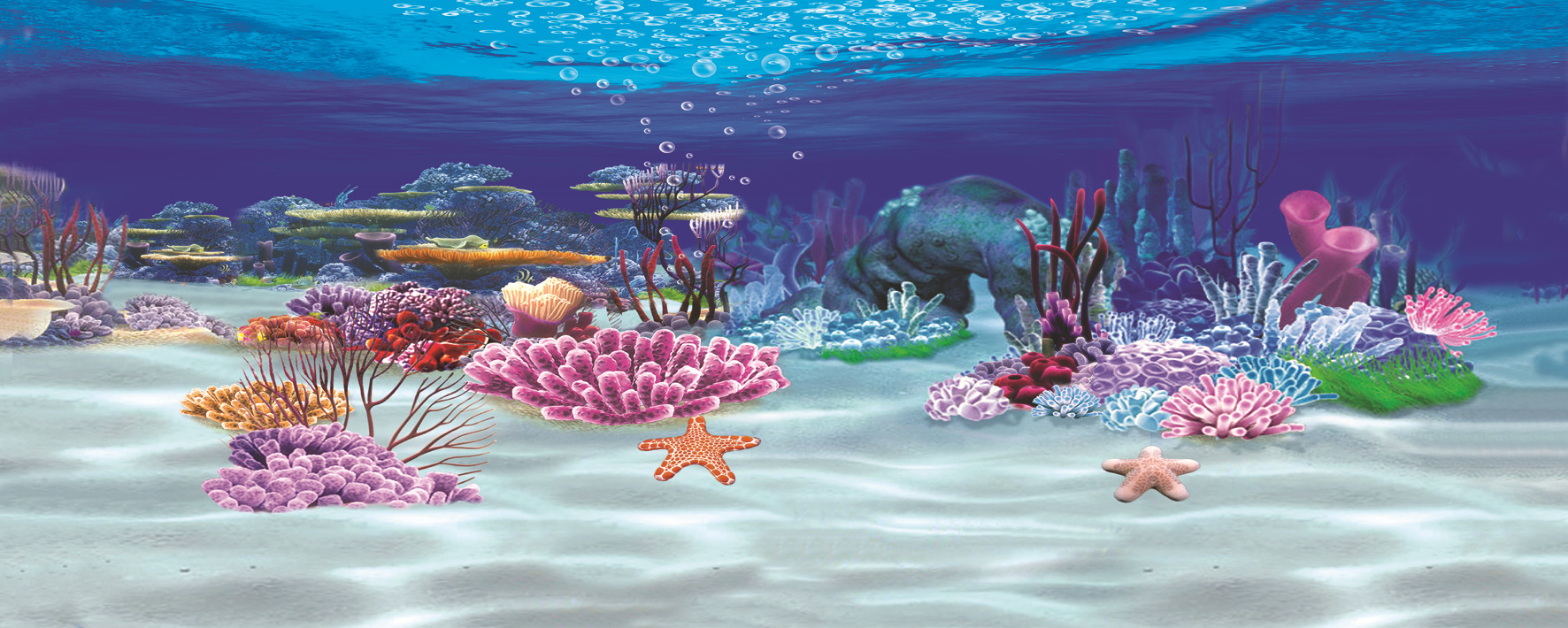 彩色印制宽幅鱼缸双面画海景画背景画蓝黑卷轴画静电膜贴画