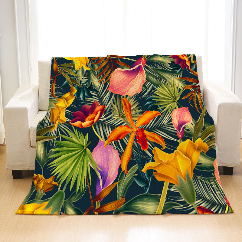 跨境法兰绒毯子植物花卉印花床毯盖毯来图定制披肩毛毯