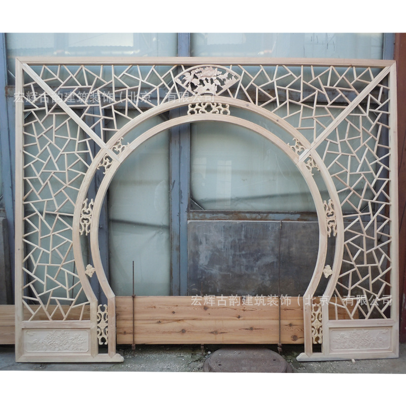 中式实木月洞门隔断 定制月亮门屏风隔断 室内仿古木格屏风厂家