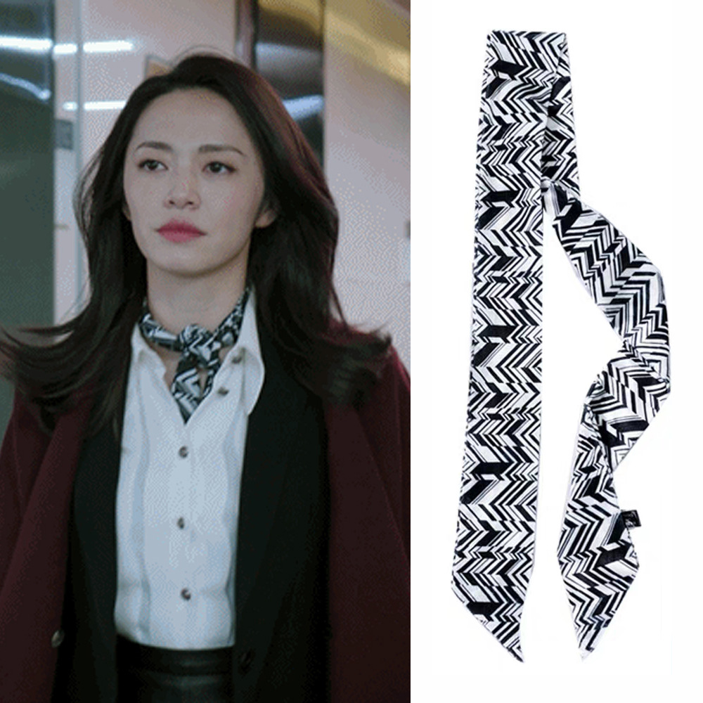 2022款夏天姚晨绑包丝巾女百搭细窄长条黑白职业小领巾束发带新款