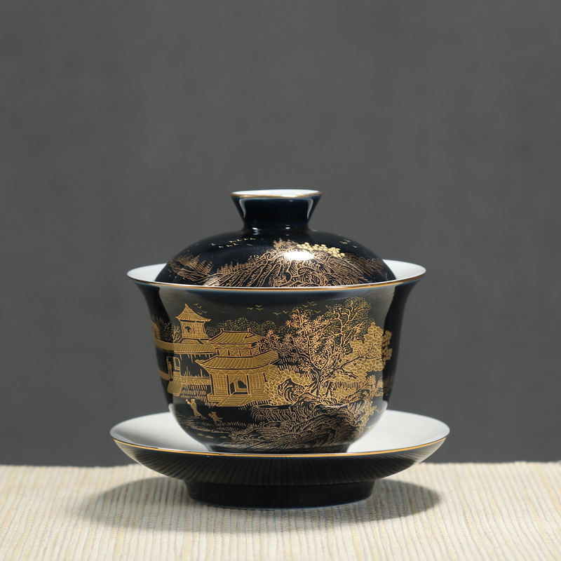 霁蓝釉三才盖碗茶杯景德镇手工描金珐琅彩陶瓷功夫茶具盖碗泡茶碗