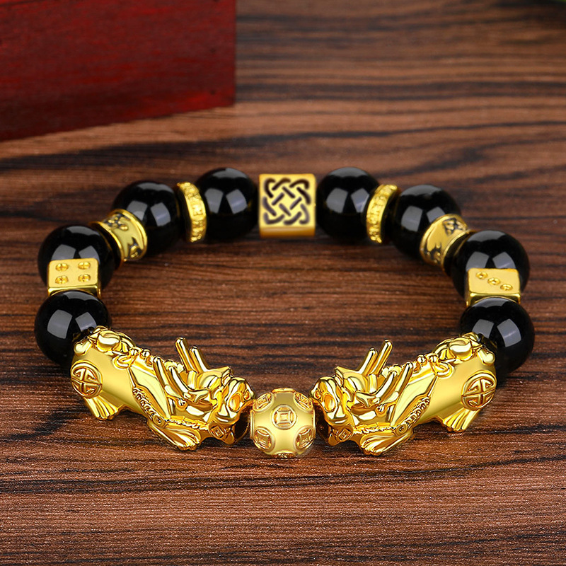 Color Retaining Large Vietnam Placer Gold Pi Xiu Bracelet Imitation Gold Obsidian Six Words Mantra Buddha Beads Bracelet Stall Hot Sale