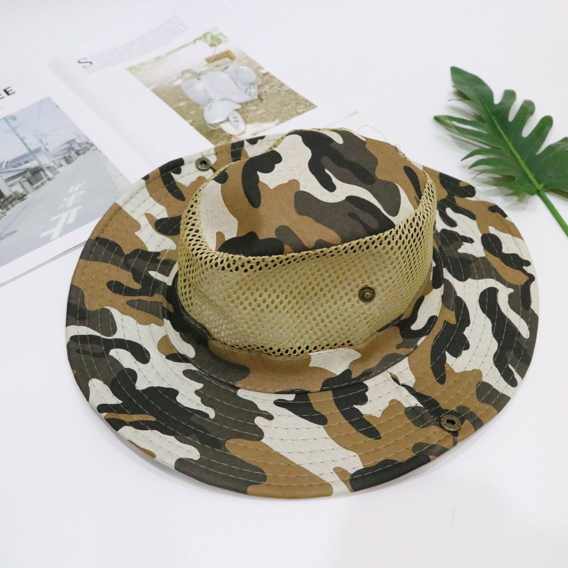 户外迷彩网布渔夫帽 钓鱼丛林徒步登山遮阳帽 韩国奔尼帽