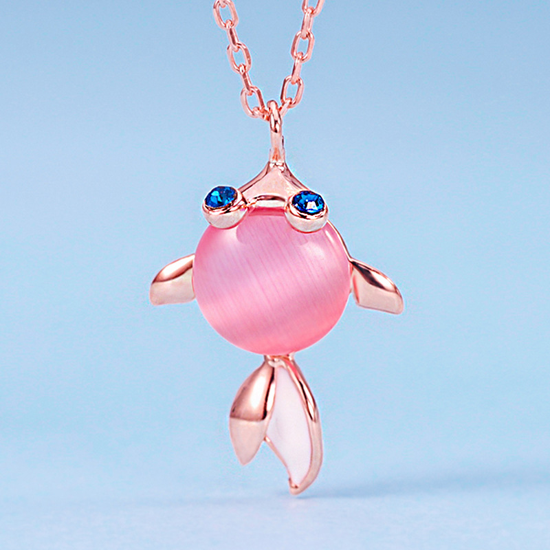 时尚可爱粉色金鱼套链小鱼项链s925银简约个性锁骨链女潮网红学生