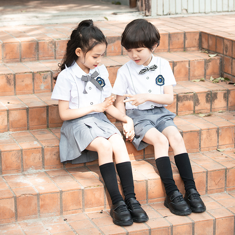 新款英伦学院风衬衫短袖中小学生男女校服套装幼儿园服毕业季班服
