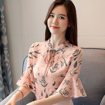 喇叭袖碎花雪纺衫 夏季韩版女装宽松气质百搭显瘦短袖雪纺上衣