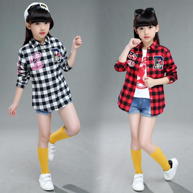 长袖女童花格子衬衫纯棉布料开衫春秋季外套女孩小学生上衣中大童