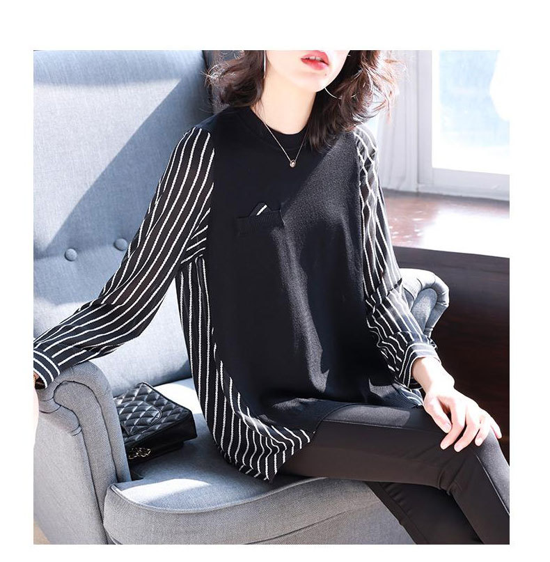 宝诗黎圆领长袖撞色条纹针织衫 独立站2019新款女装秋季韩版休闲