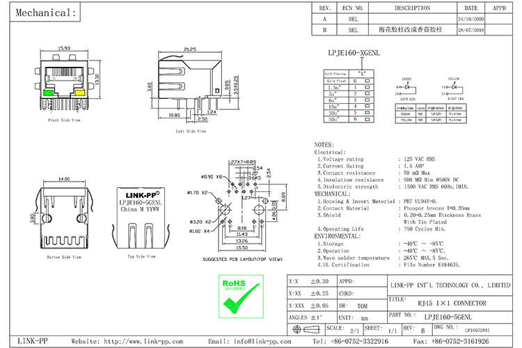 lpje160-5genl 网口插座 rj45连接器母座 单网口 rj45 带灯