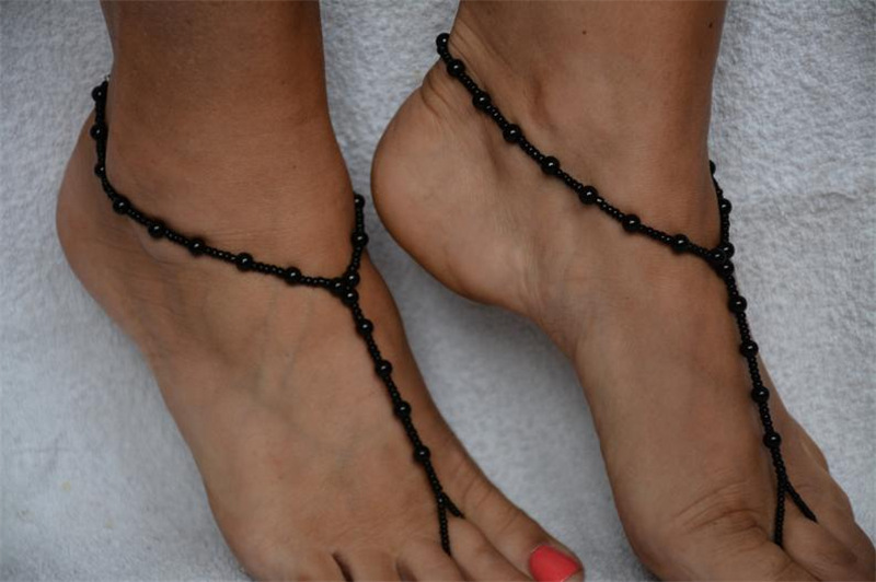 欧美跨境饰品 时尚个性串珠黑色珍珠连趾弹力脚链 夏季沙滩脚饰