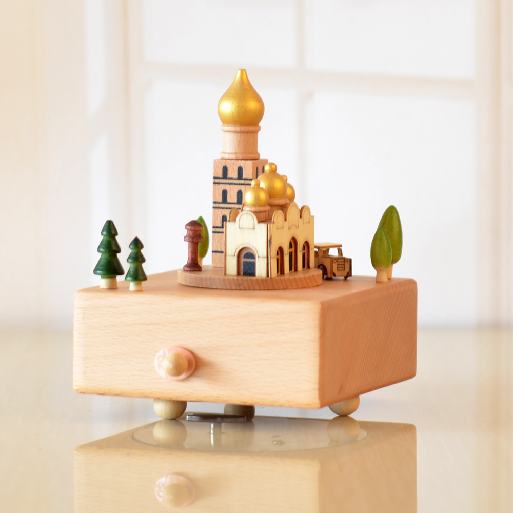 直销圆底金色教堂建筑八音盒城市音乐铃欧式情人节礼品木手工艺品