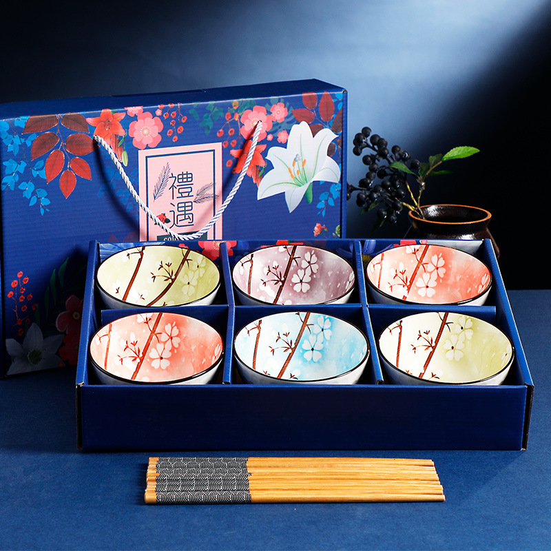 Japanese-Style Printed Bowl and Chopsticks Suit Blue and White Porcelain Ceramic Tableware Gift Box Meeting Sale Gift Factory Direct Sales Wholesale Bowl Set